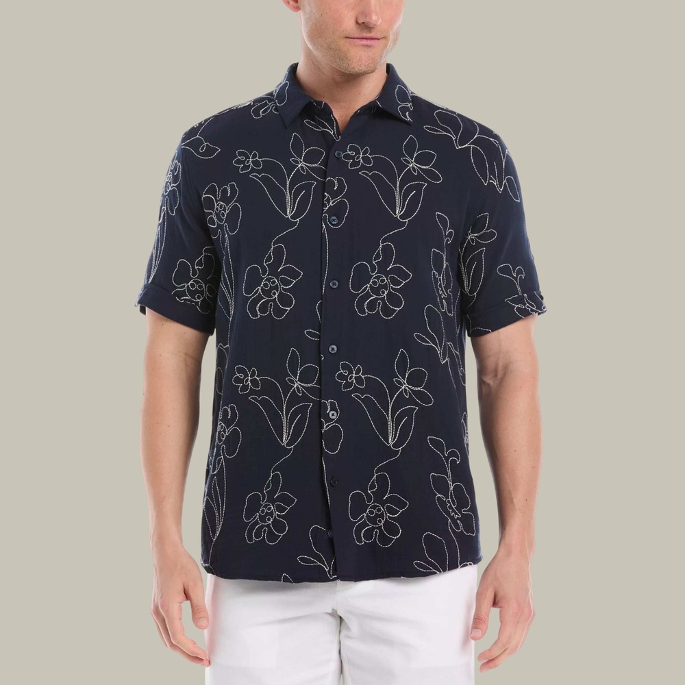 Cubavera Navy Blue Allover Embroidered Floral Cotton Shirt Men's Size XXL NEW